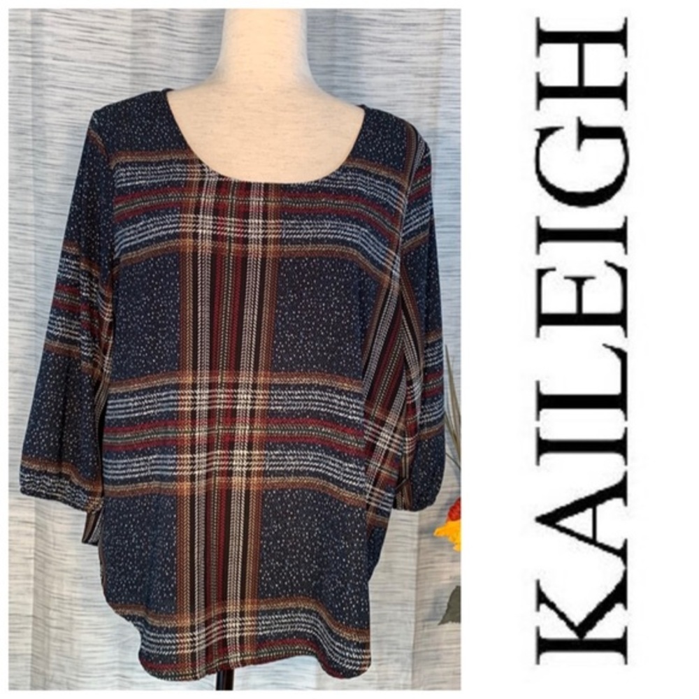 Kaileigh multicolored blue and red “plaid” 3/4 sleeve blouse.